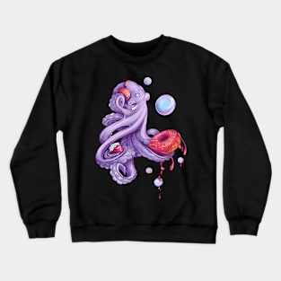 Octopus with donut and jam and red headphones with music. Bright artwork Crewneck Sweatshirt